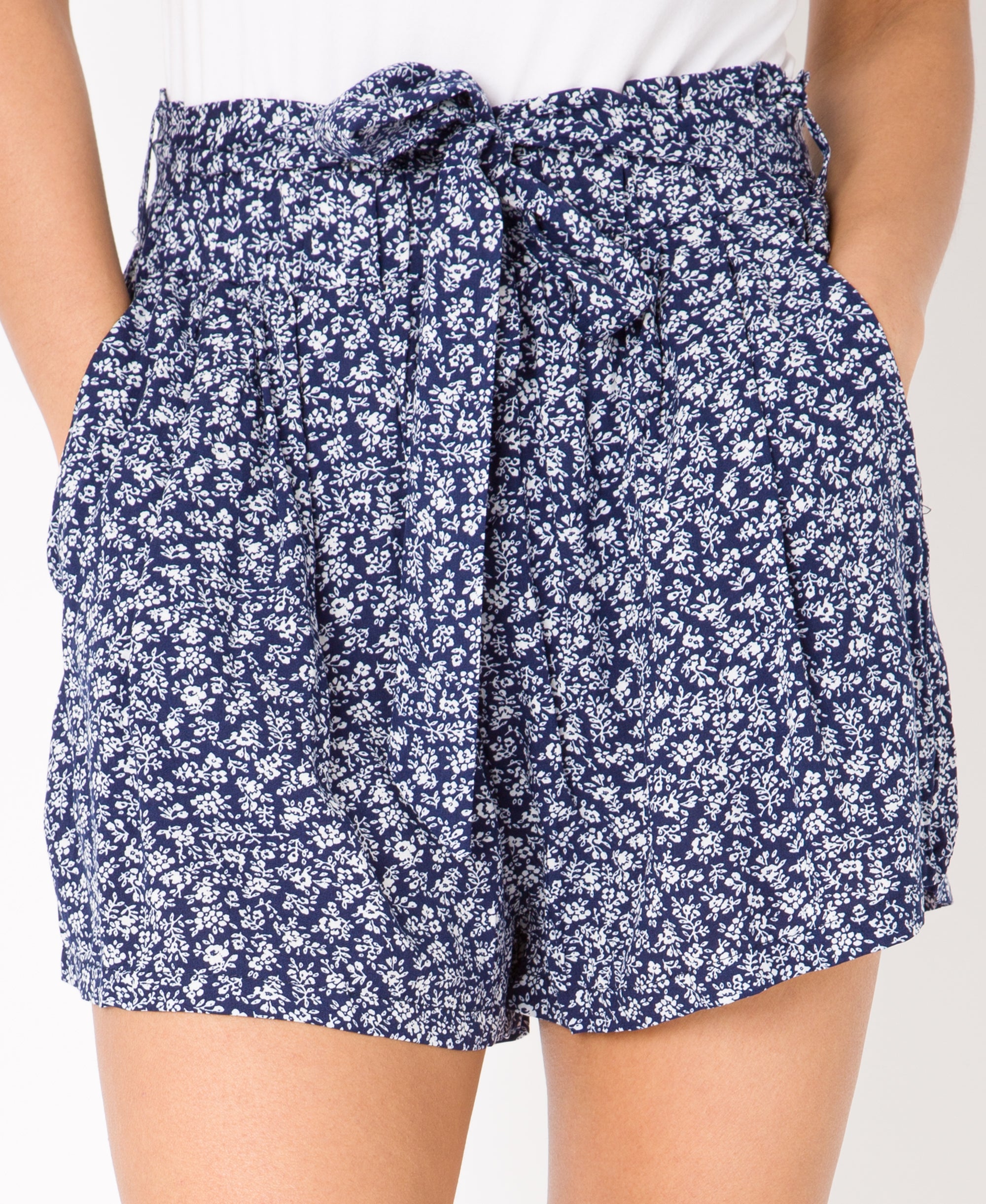 KRISP Tie Belted Waist White Flower Print Shorts (11092)